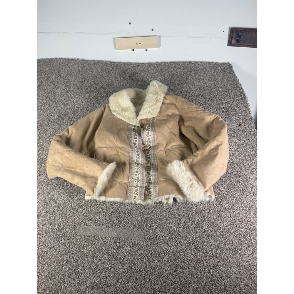 Coldwater Creek Faux Suede Fur Trim Toggle Jacket Tan Embroidered Womens Small